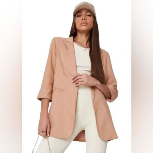 Missguided Oversized Boyfriend Camel Colored Fully Lined Open Front Blazer sz 0 - Picture 1 of 7